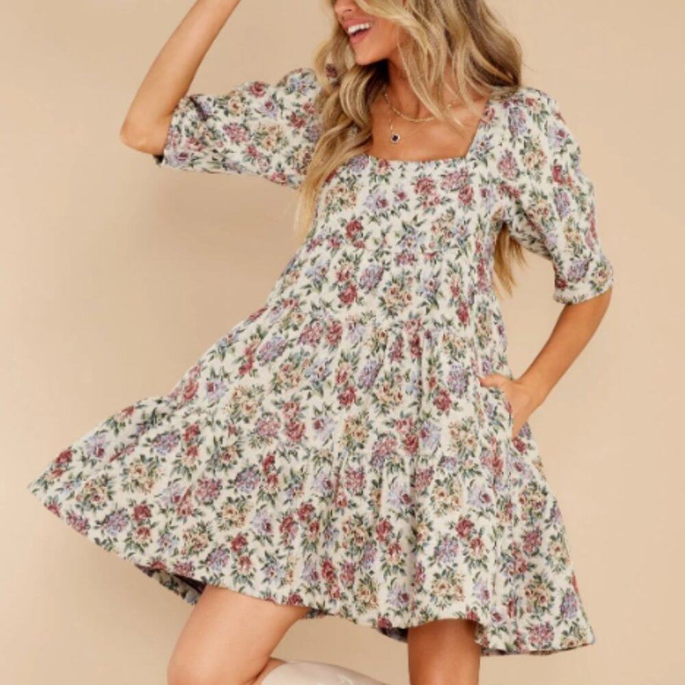 NWT Sofie The Label Ivory Floral Print Dress Square Neck Puff Sleeve